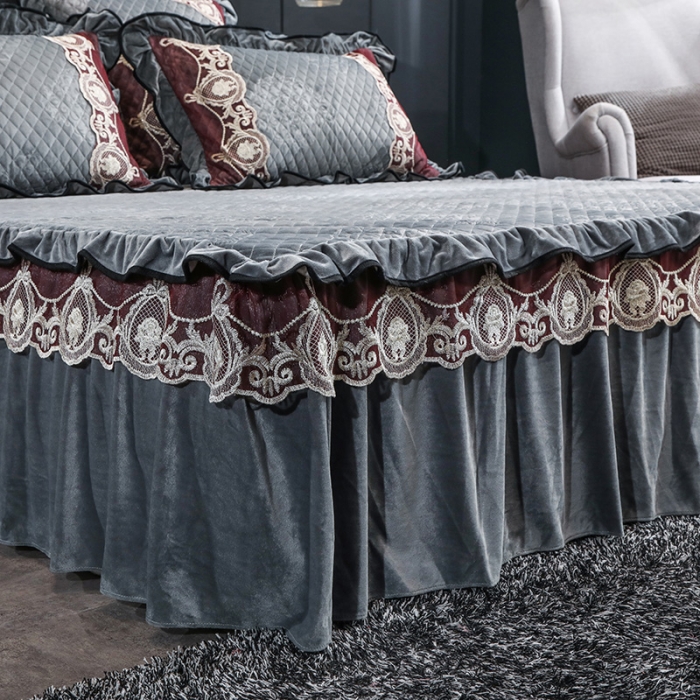 91家纺网 家纺一手货源 找家纺 福丽莱家纺 2019新款水晶绒床裙四件套 烟灰