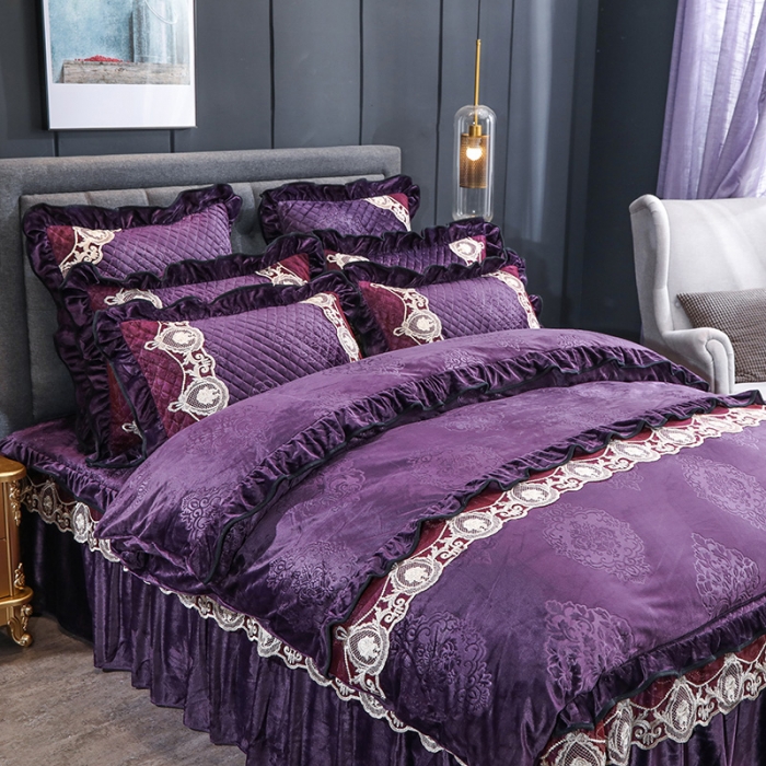 91家纺网 家纺一手货源 找家纺 福丽莱家纺 2019新款水晶绒床裙四件套 紫罗兰