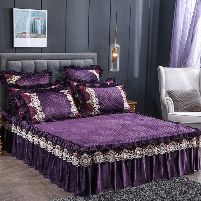 91家纺网 家纺一手货源 找家纺 福丽莱家纺 2019新款水晶绒床裙四件套 紫罗兰