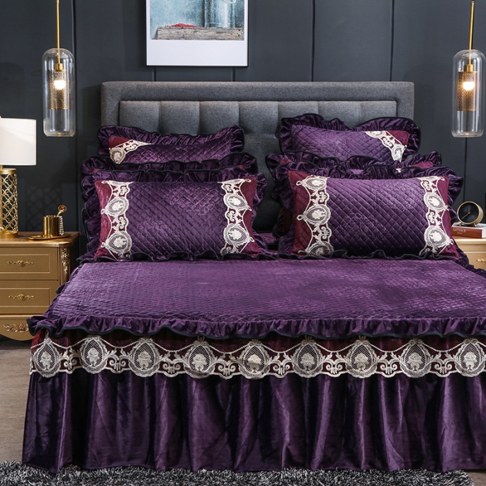 91家纺网 家纺一手货源 找家纺 福丽莱家纺 2019新款水晶绒床裙四件套 紫罗兰