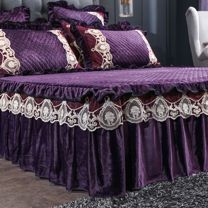 91家纺网 家纺一手货源 找家纺 福丽莱家纺 2019新款水晶绒床裙四件套 紫罗兰