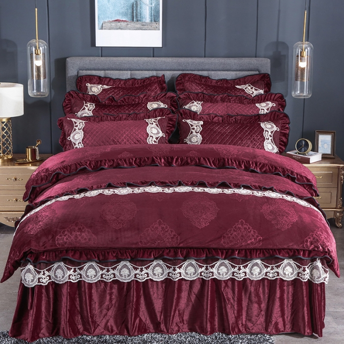 91家纺网 家纺一手货源 找家纺 福丽莱家纺 2019新款水晶绒床裙四件套 酒红