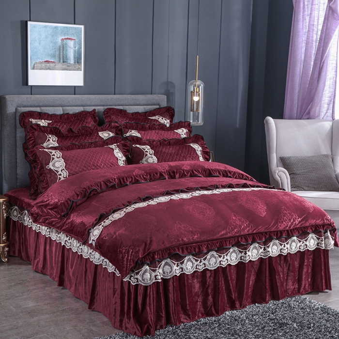 91家纺网 家纺一手货源 找家纺 福丽莱家纺 2019新款水晶绒床裙四件套 酒红