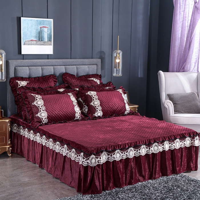 91家纺网 家纺一手货源 找家纺 福丽莱家纺 2019新款水晶绒床裙四件套 酒红