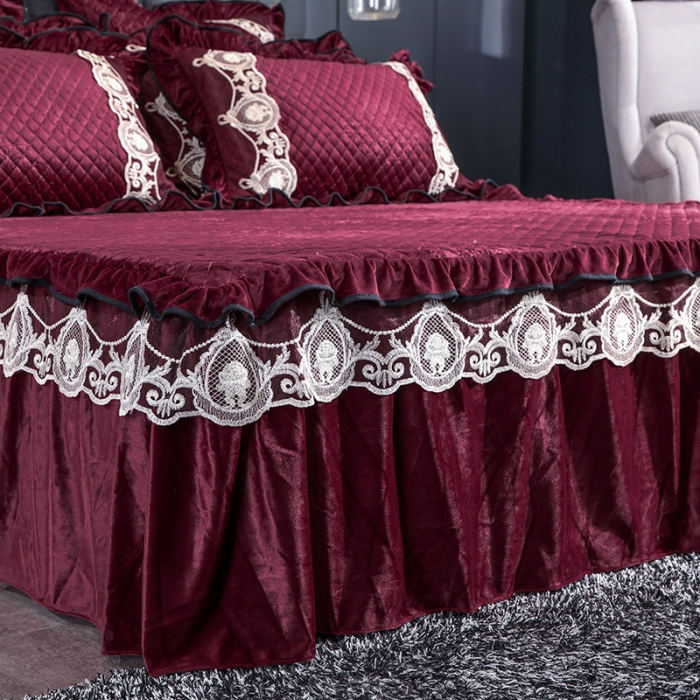 91家纺网 家纺一手货源 找家纺 福丽莱家纺 2019新款水晶绒床裙四件套 酒红