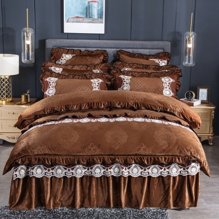 福丽莱家纺 2019新款水晶绒床裙四件套 咖啡