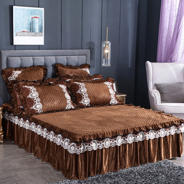 91家纺网 家纺一手货源 找家纺 福丽莱家纺 2019新款水晶绒床裙四件套 咖啡