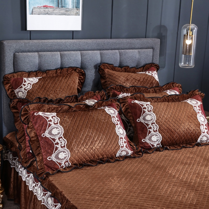 91家纺网 家纺一手货源 找家纺 福丽莱家纺 2019新款水晶绒床裙四件套 咖啡