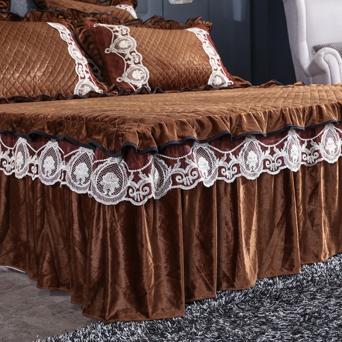 91家纺网 家纺一手货源 找家纺 福丽莱家纺 2019新款水晶绒床裙四件套 咖啡