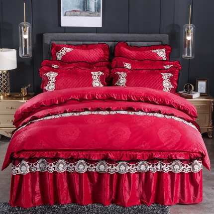 福丽莱家纺 2019新款水晶绒床裙四件套 大红