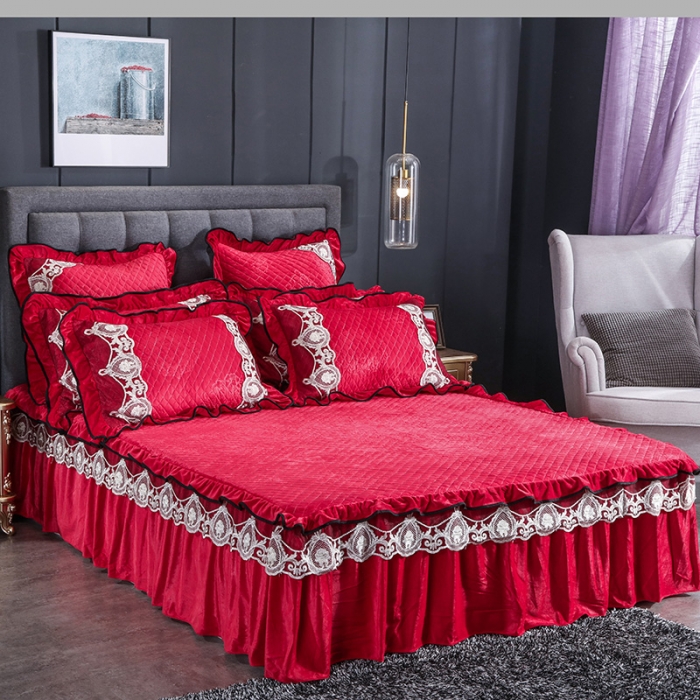 91家纺网 家纺一手货源 找家纺 福丽莱家纺 2019新款水晶绒床裙四件套 大红