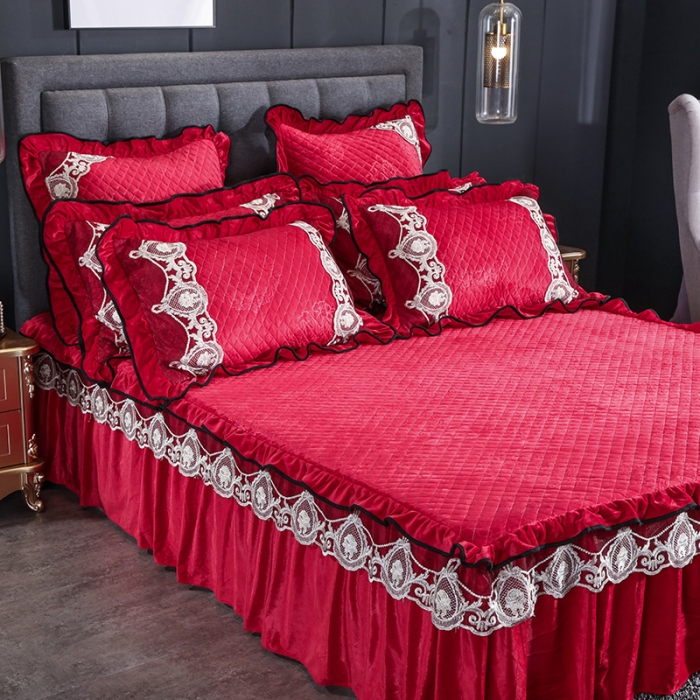 91家纺网 家纺一手货源 找家纺 福丽莱家纺 2019新款水晶绒床裙四件套 大红