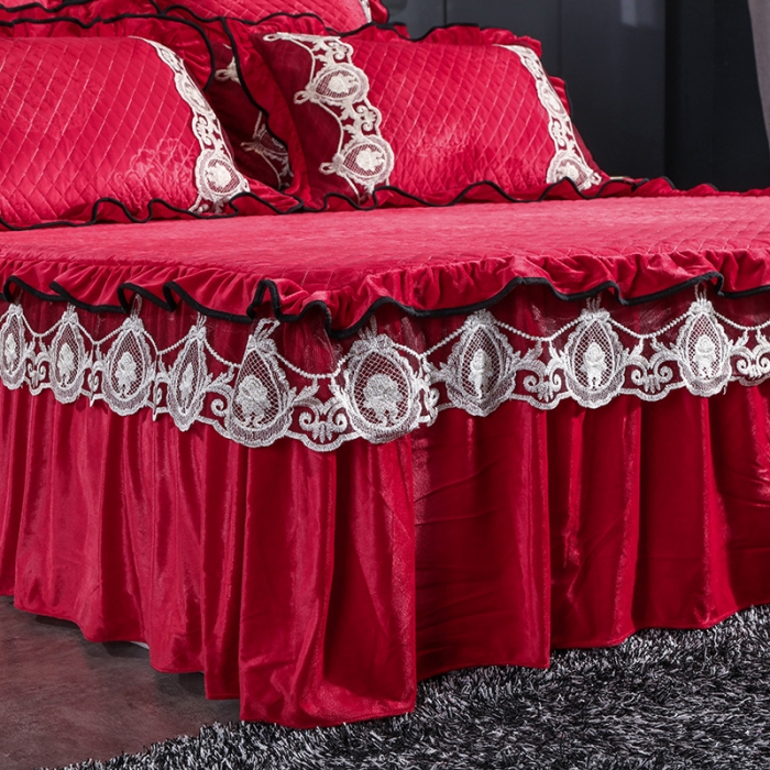 91家纺网 家纺一手货源 找家纺 福丽莱家纺 2019新款水晶绒床裙四件套 大红