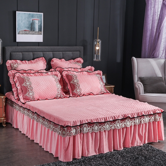 91家纺网 家纺一手货源 找家纺 福丽莱家纺 2019新款水晶绒床裙四件套 玉色