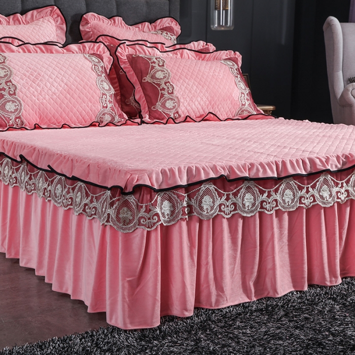 91家纺网 家纺一手货源 找家纺 福丽莱家纺 2019新款水晶绒床裙四件套 玉色