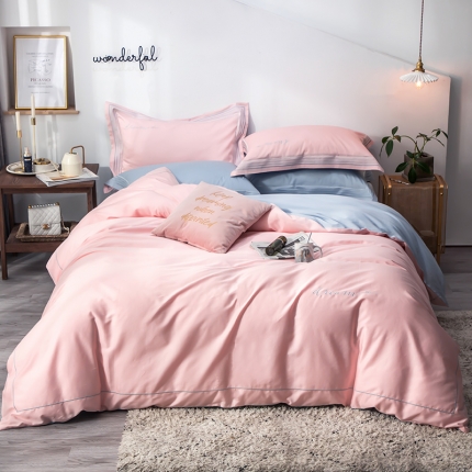 91家纺网 家纺一手货源 找家纺 瑞米家居 2019新款60长绒棉素色绣工艺系列四件套 蓝调