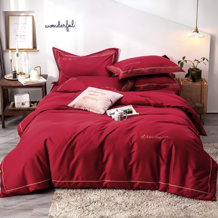 91家纺网 家纺一手货源 找家纺 瑞米家居 2019新款60长绒棉素色绣工艺系列四件套 蓝调