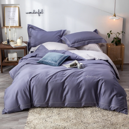 91家纺网 家纺一手货源 找家纺 瑞米家居 2019新款60长绒棉素色绣工艺系列四件套 蓝调