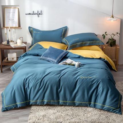 91家纺网 家纺一手货源 找家纺 瑞米家居 2019新款60长绒棉素色绣工艺系列四件套 蓝调