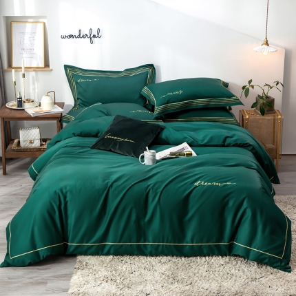 91家纺网 家纺一手货源 找家纺 瑞米家居 2019新款60长绒棉素色绣工艺系列四件套 蓝调