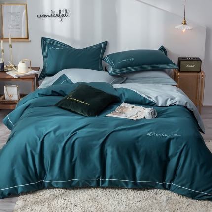 91家纺网 家纺一手货源 找家纺 瑞米家居 2019新款60长绒棉素色绣工艺系列四件套 蓝调