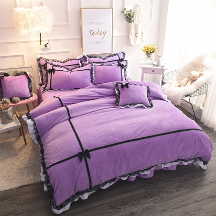 锦色家纺 水晶绒四件套床裙款婉约系列紫色