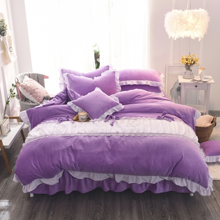 锦色家纺 水晶绒四件套床裙款甜美系列紫色