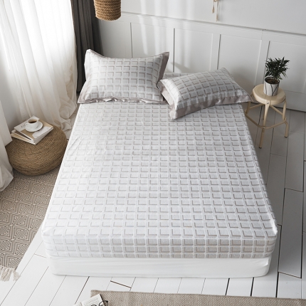 本希 提花床笠款水洗养生席三件套 银格