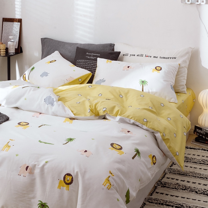 91家纺网 家纺一手货源 找家纺 沐棉 2019新款13370小卡通小清新四件套床单款 动物园