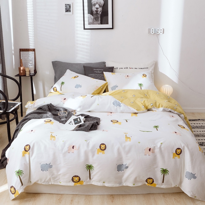 91家纺网 家纺一手货源 找家纺 沐棉 2019新款13370小卡通小清新四件套床单款 动物园