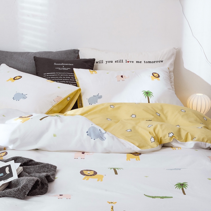 91家纺网 家纺一手货源 找家纺 沐棉 2019新款13370小卡通小清新四件套床单款 动物园