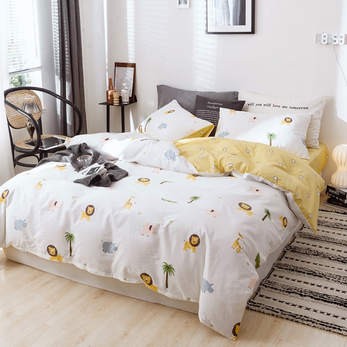 91家纺网 家纺一手货源 找家纺 沐棉 2019新款13370小卡通小清新四件套床单款 动物园