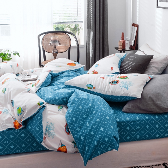 91家纺网 家纺一手货源 找家纺 沐棉 2019新款13370小卡通小清新四件套 床单款 锦鲤