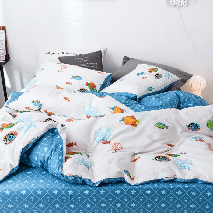 91家纺网 家纺一手货源 找家纺 沐棉 2019新款13370小卡通小清新四件套 床单款 锦鲤