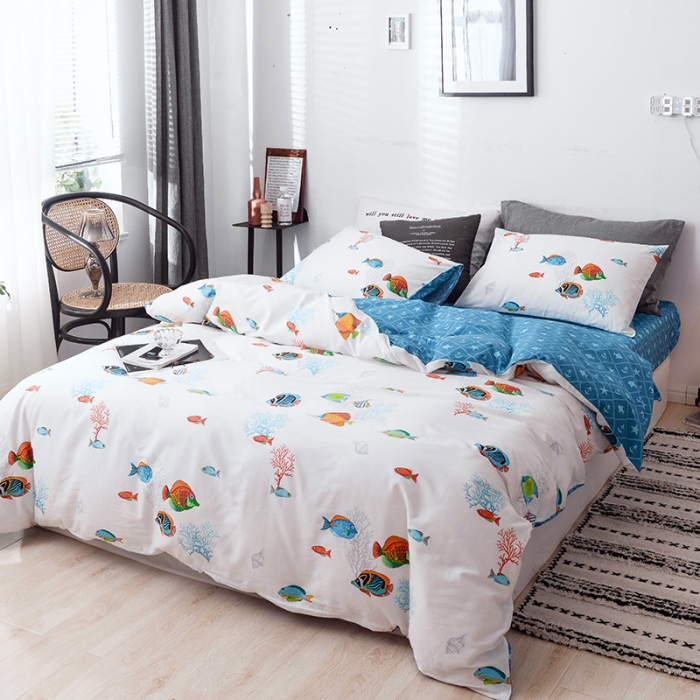 91家纺网 家纺一手货源 找家纺 沐棉 2019新款13370小卡通小清新四件套 床单款 锦鲤