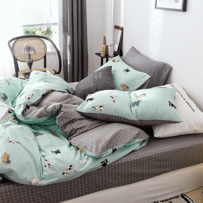 91家纺网 家纺一手货源 找家纺 沐棉 2019新款13370小卡通小清新四件套床单款 可爱猫