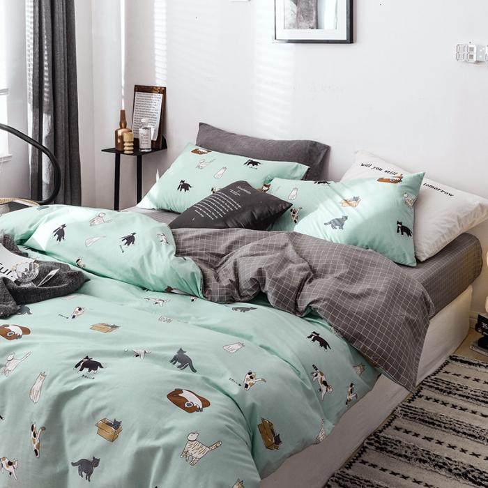 91家纺网 家纺一手货源 找家纺 沐棉 2019新款13370小卡通小清新四件套床单款 可爱猫