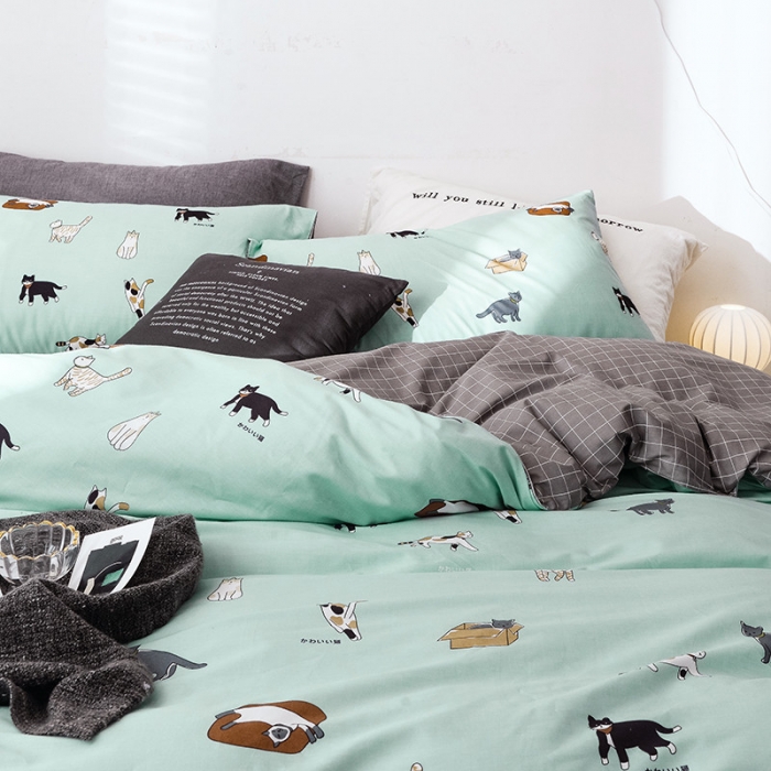 91家纺网 家纺一手货源 找家纺 沐棉 2019新款13370小卡通小清新四件套床单款 可爱猫