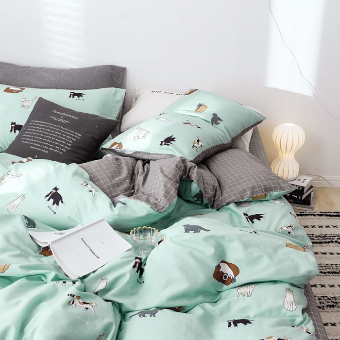 91家纺网 家纺一手货源 找家纺 沐棉 2019新款13370小卡通小清新四件套床单款 可爱猫