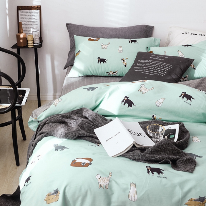 91家纺网 家纺一手货源 找家纺 沐棉 2019新款13370小卡通小清新四件套床单款 可爱猫