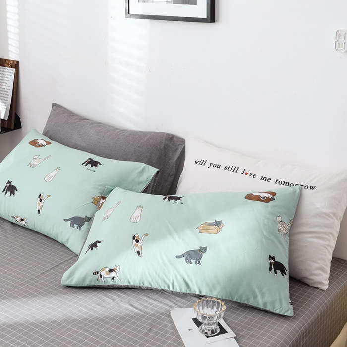 91家纺网 家纺一手货源 找家纺 沐棉 2019新款13370小卡通小清新四件套床单款 可爱猫