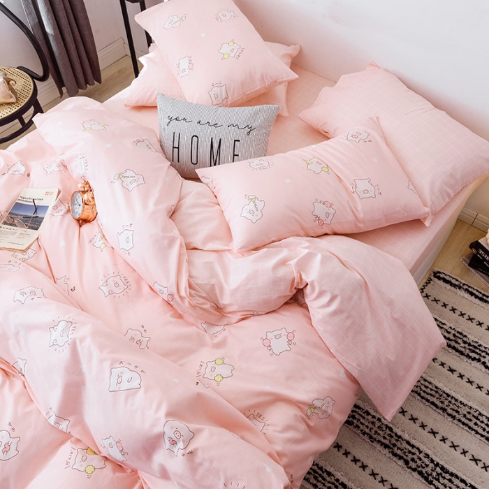 91家纺网 家纺一手货源 找家纺 沐棉 2019新款13370小卡通小清新四件套床单款 可爱猪