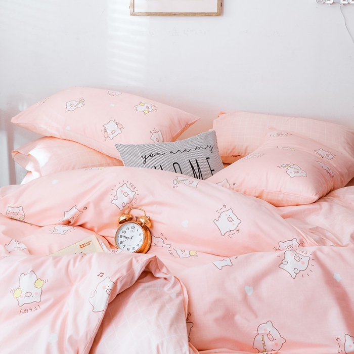 91家纺网 家纺一手货源 找家纺 沐棉 2019新款13370小卡通小清新四件套床单款 可爱猪