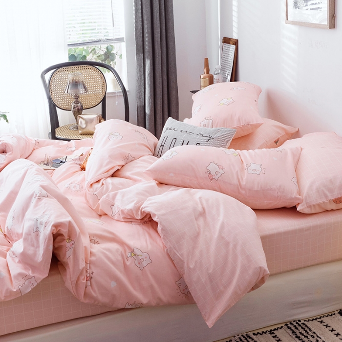 91家纺网 家纺一手货源 找家纺 沐棉 2019新款13370小卡通小清新四件套床单款 可爱猪