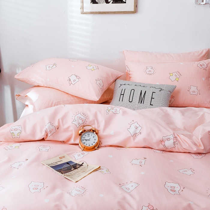 91家纺网 家纺一手货源 找家纺 沐棉 2019新款13370小卡通小清新四件套床单款 可爱猪