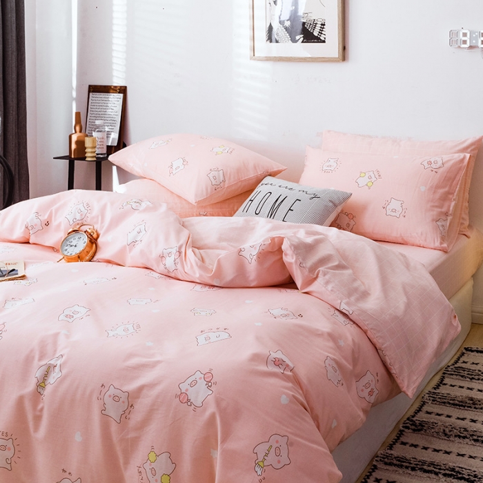 91家纺网 家纺一手货源 找家纺 沐棉 2019新款13370小卡通小清新四件套床单款 可爱猪