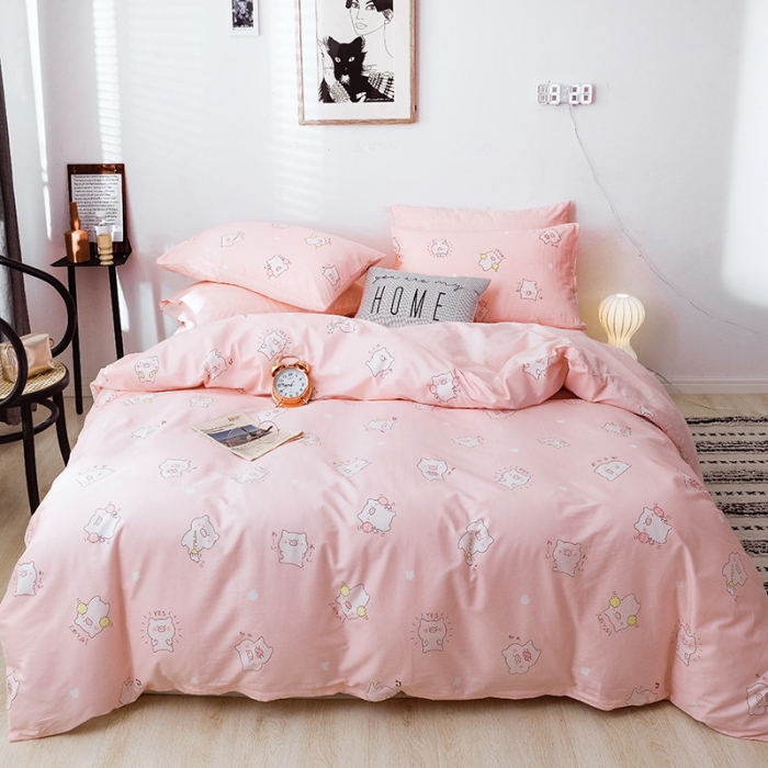 91家纺网 家纺一手货源 找家纺 沐棉 2019新款13370小卡通小清新四件套床单款 可爱猪