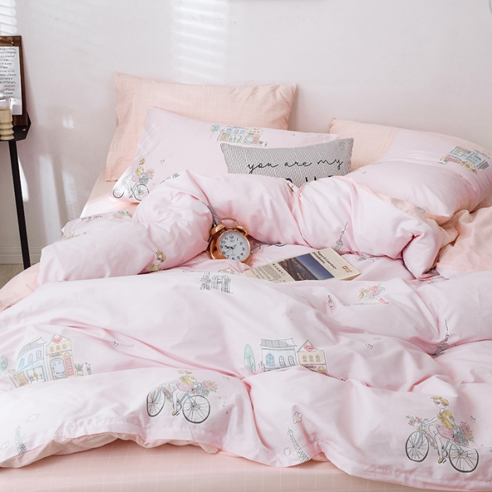 91家纺网 家纺一手货源 找家纺 沐棉2019新款13370小卡通小清新四件套床单款 美好时光