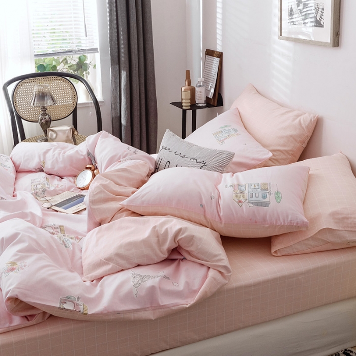 91家纺网 家纺一手货源 找家纺 沐棉2019新款13370小卡通小清新四件套床单款 美好时光