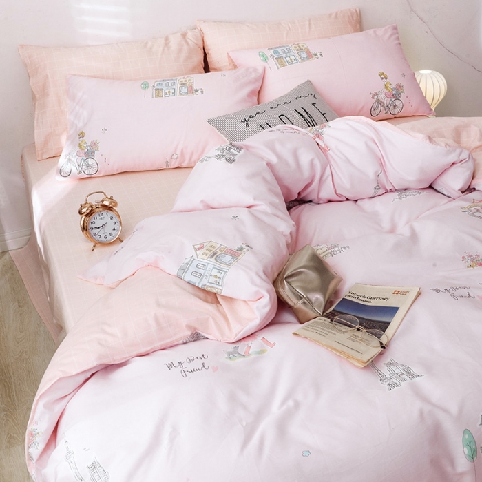 91家纺网 家纺一手货源 找家纺 沐棉2019新款13370小卡通小清新四件套床单款 美好时光